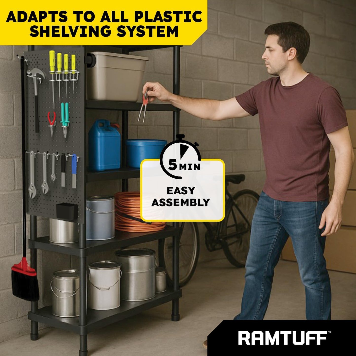 Ramtuff Universal PegBoard Kit for Plastic Shelving- Garage Storage Organizer with 14 Pegboard Accessories - Easy to Install