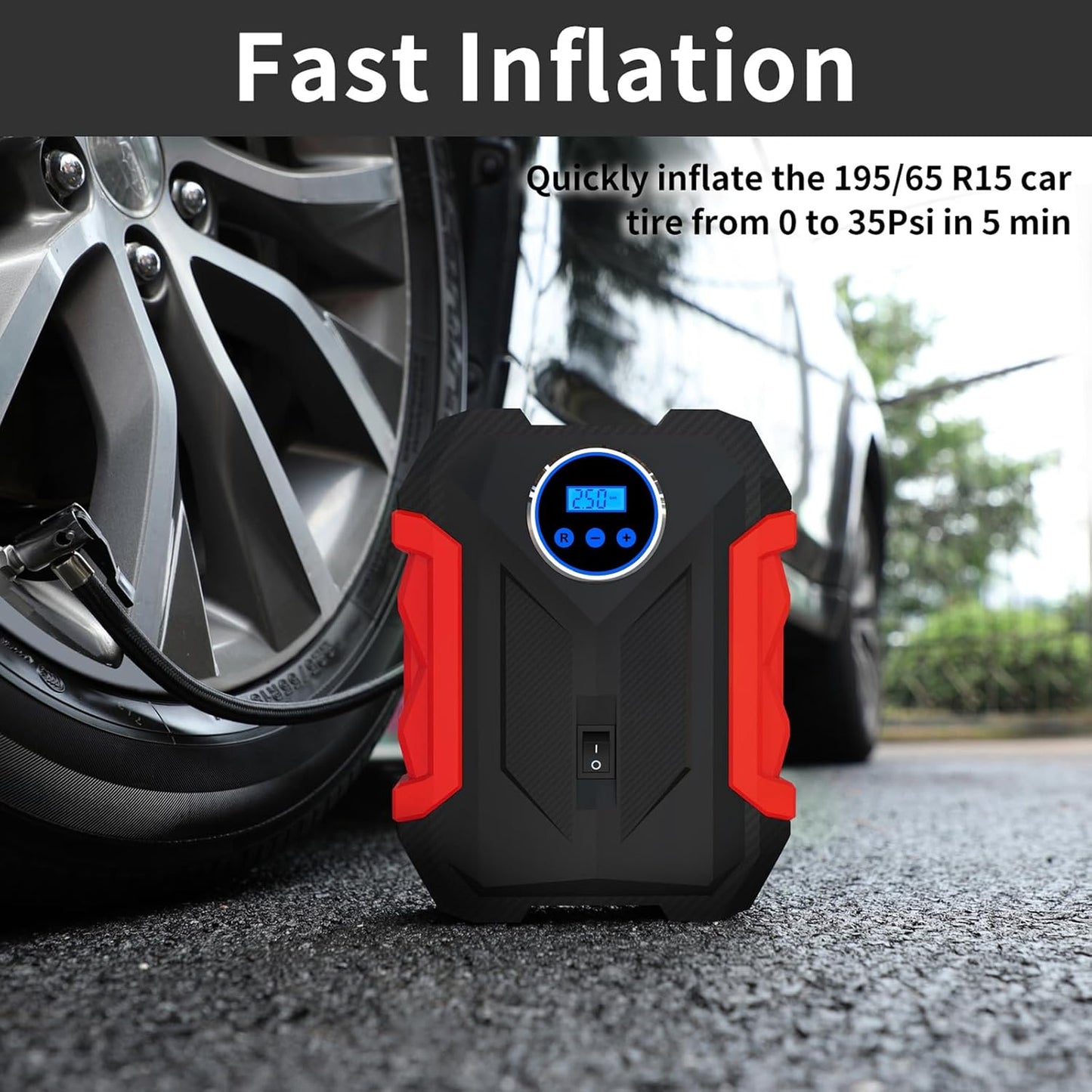 Digital Air Compressor for Car Auto Pump Portable Tire Inflator with LED Light DC 12V, Red
