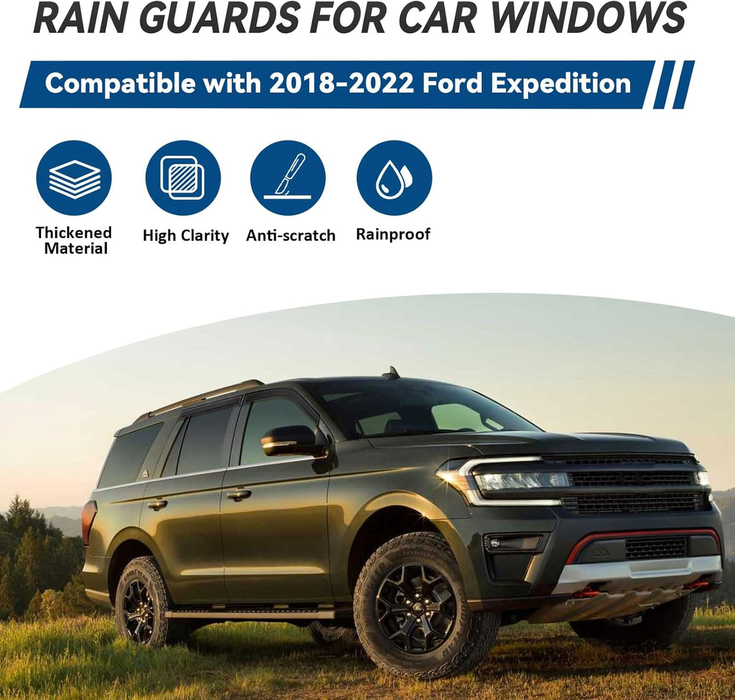 Window Visors Compatible with 2018-2022 Expedition Front+Rear Smoke Tint Sun/Rain Guard Outside Mount Tape-On Vent 4 Pcs