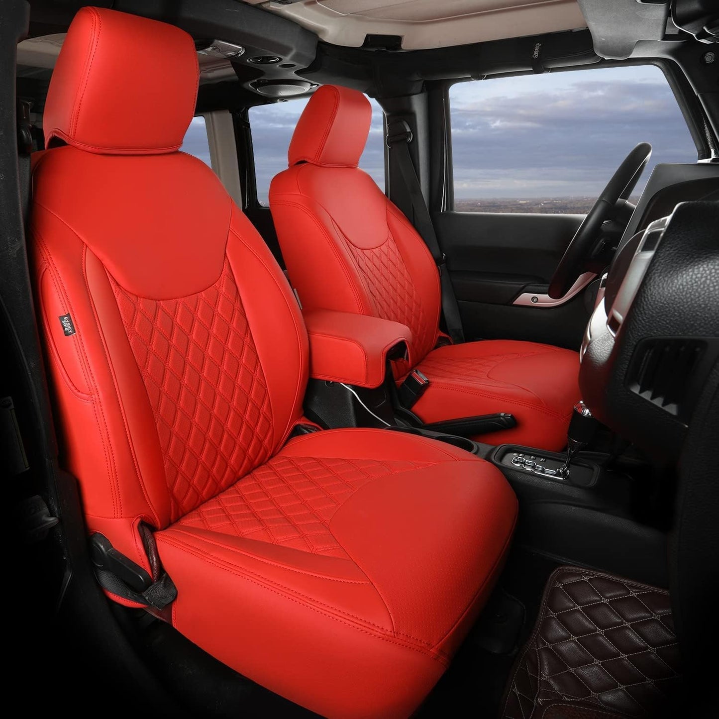 GIANT PANDA Customized Front Car Seat Covers for Jeep Wrangler JK 2/4 Door Sahara Sport Rubicon Unlimited Altitude 2013 2014 2015 2016 2017,Faux Leather - (Red)