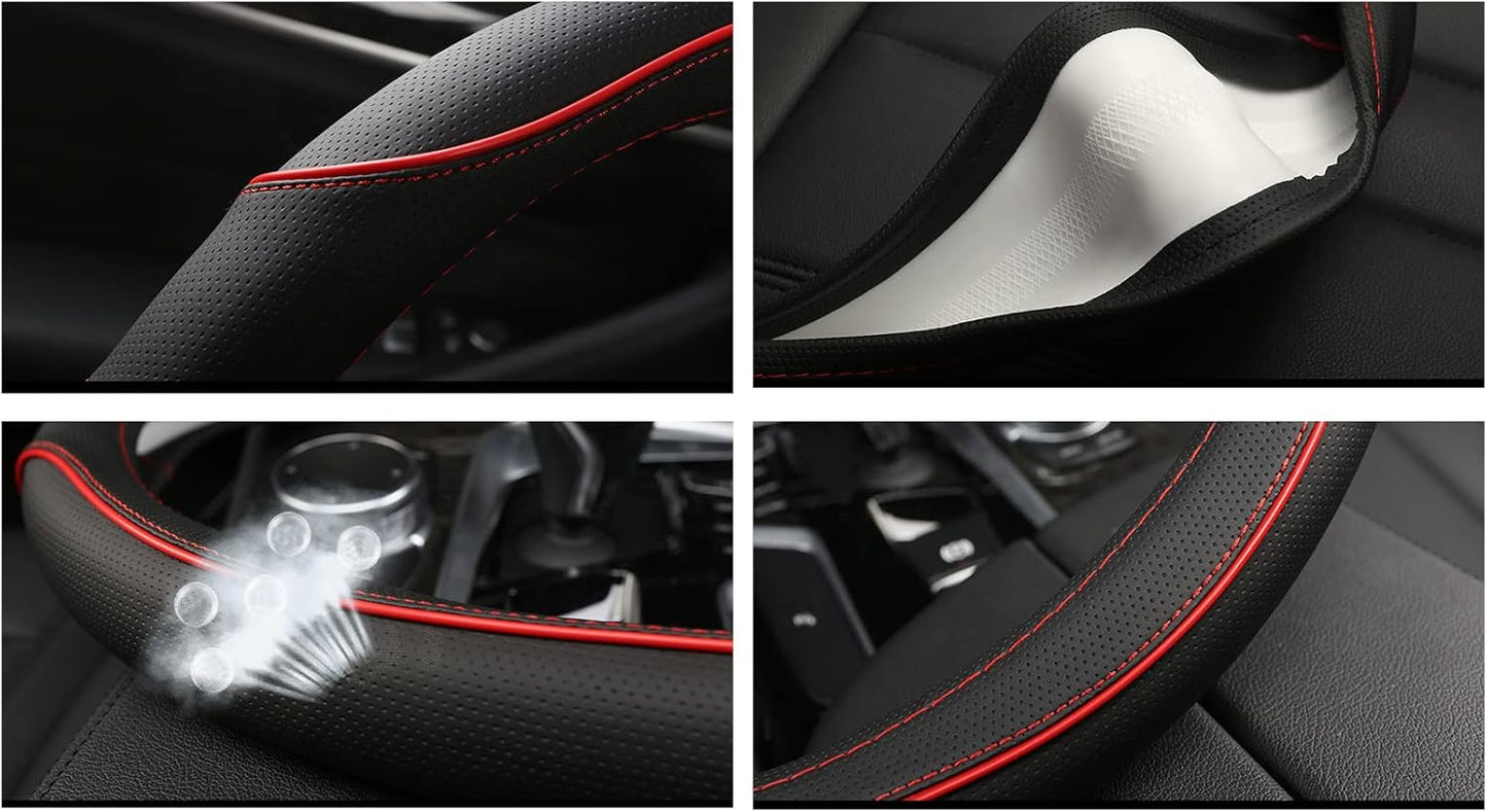 D Shape Car Steering Wheel Cover, Universal 15 inch Stitching Color Anti-Slip Steering Wheel Protector, Red and Black Style (Red and Black D Shape)