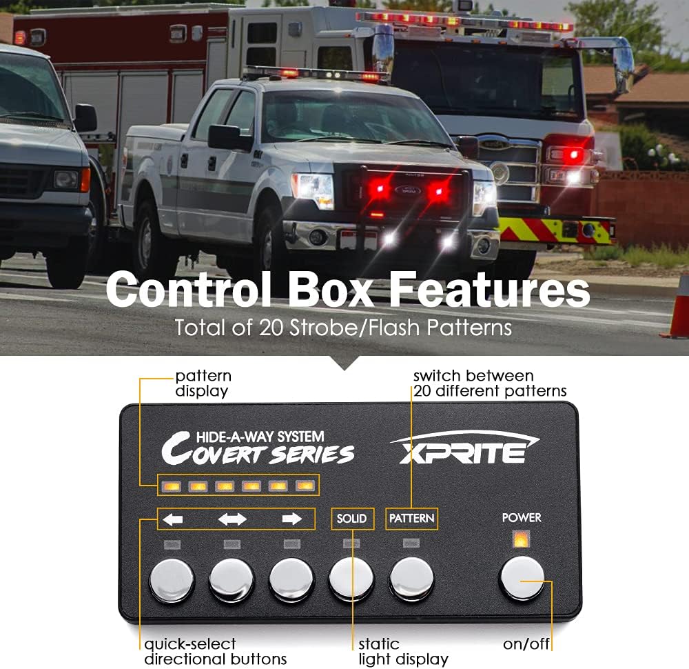 Xprite White Red LED Hideaway Strobe Lights Kit, 20 Flashing Patterns w/Control Panel Headlights Taillights Fog Light Interior Mounting, for Emergency Vehicles Firefighter Cars Trucks SUV 6PCS
