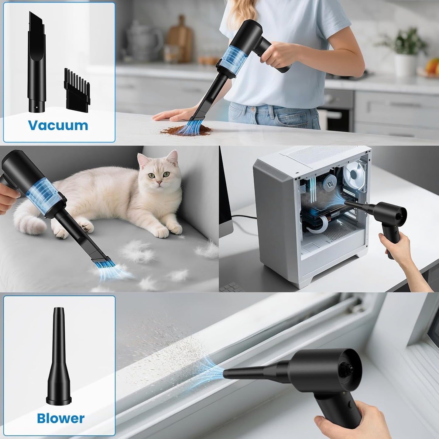 90° Foldable Car Vacuum Portable Cordless 16000PA, 4-in-1 Mini Vacuum Cleaner with Brushless Motor, Handheld Vacuum Cordless Blower/Pump for Car, Home,Office