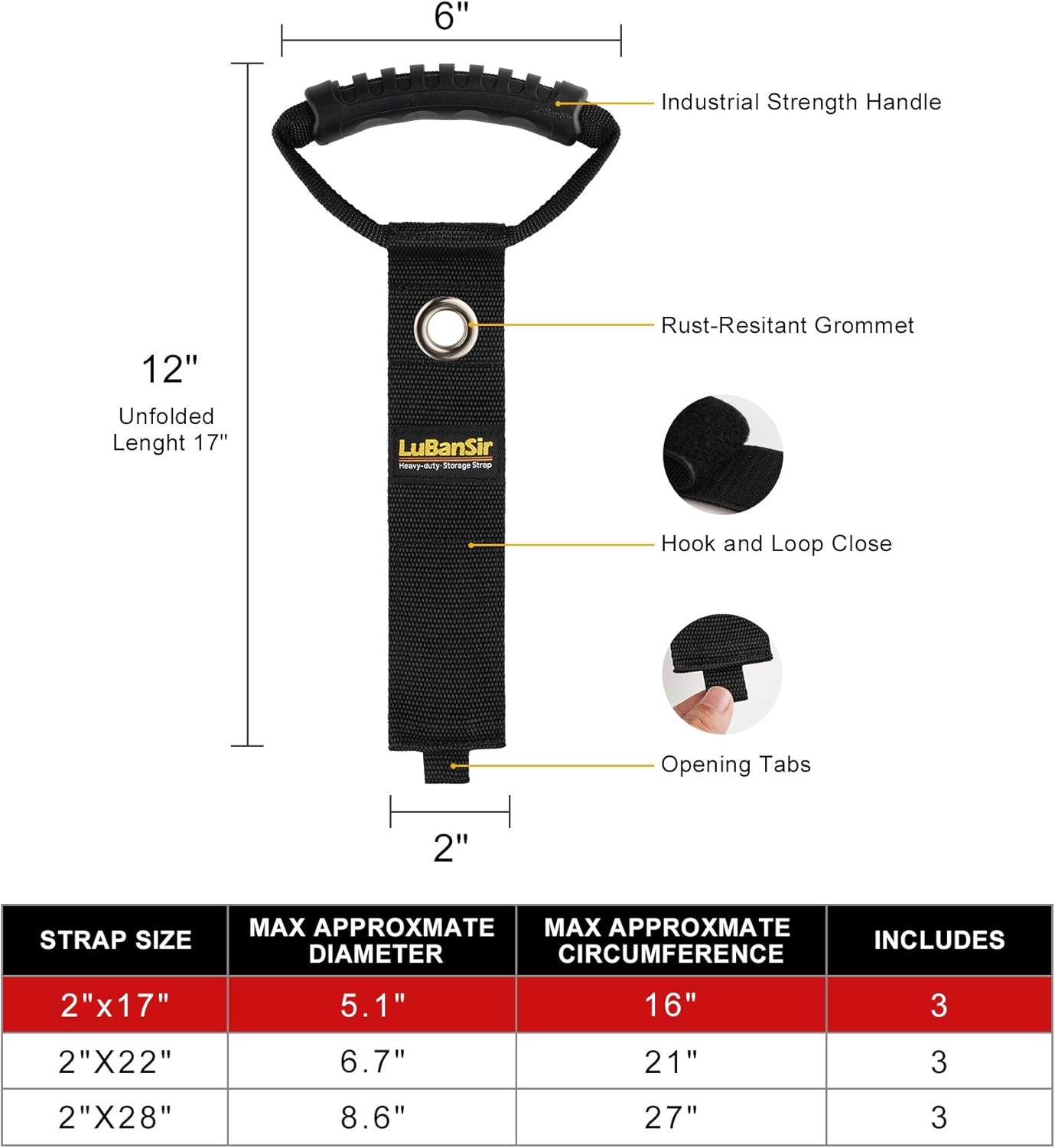 LuBanSir 3 Pack Extension Cord Organizer, 17" Portable Hook and Loop Storage Straps with Grommet Fit Extension Cords, Cables, Ropes, Garden Water Hoses Carrying and Hanging
