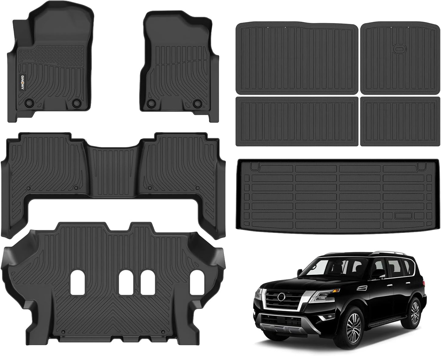 GINOWY-Floor Mats & Cargo Liner for Nissan Armada &Infiniti QX80 2019-2024 Bench Seating All Weather Armada 2024 Floor Mat Non-Slip Backrest Mat Trunk Mat Waterproof Floor Liners Accessories Black
