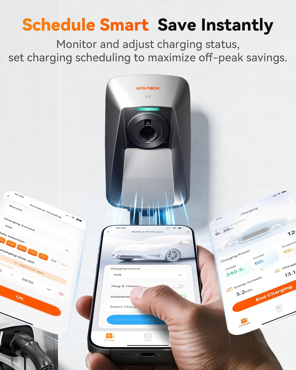 WOLFBOX Level 2 ev Charger 50 Amp J1772,Hardwired ev Charger Level 2 with NEMA 14-50 Plug 25ft Cable,Smart APP&RFID Card Control,240V Electric Vehicle Charging Station for Electric Automobile(WE50)