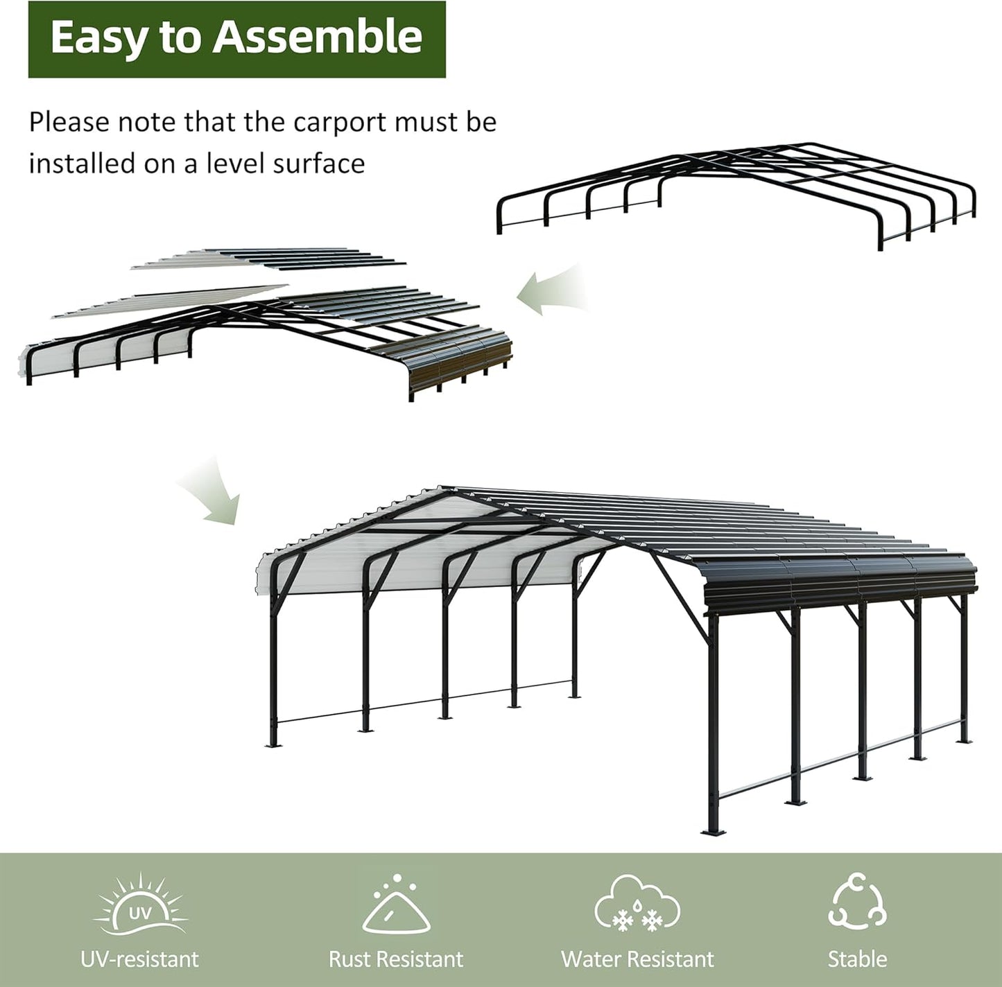 JAMFLY Carport, 20X20 FT Metal Carport, Heavy Duty Carport Canopy with Galvanized Steel Roof and Frame, Metal Carport Upgraded Extra Large Garage for Pickup, Boat, Car and Tractors