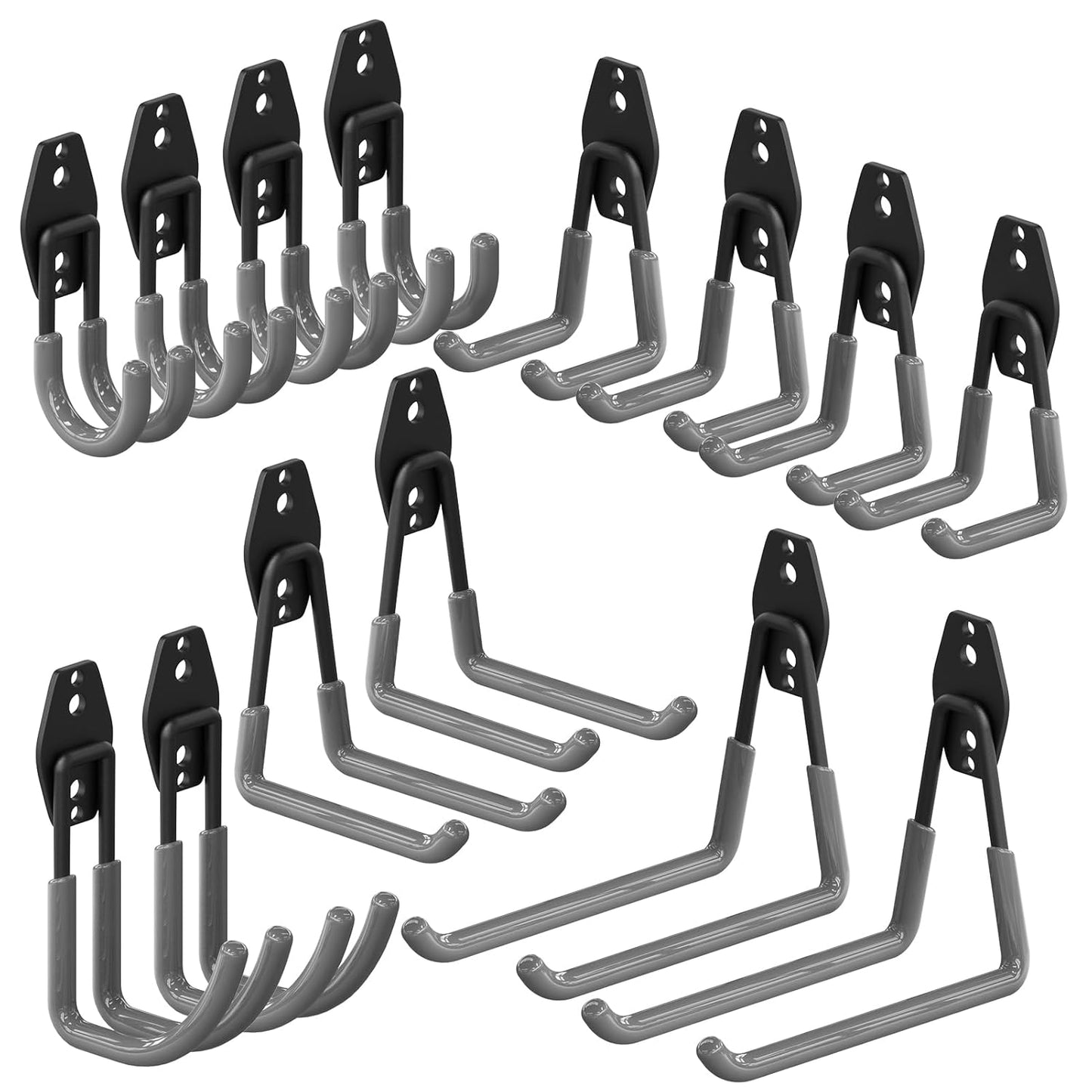 3-H Garage Wall Hooks 14 Pack, Garage Hooks Heavy Duty with Extra Welding Spots, Wall Mount Storage Organizer for Hanging Garden Lawn Tools Ladder Bike WeedEater Chair Shovel Blower (Grey)