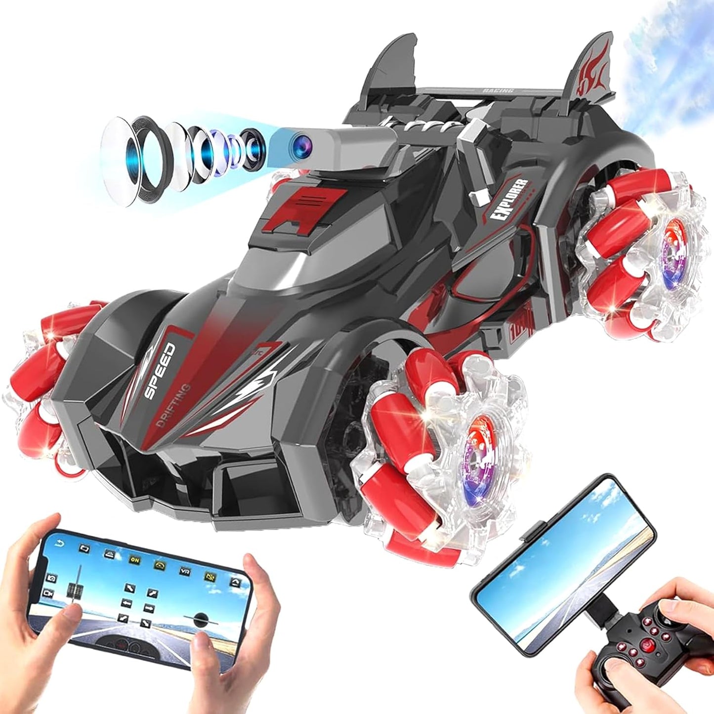 Yasola RC Car with Camera for Kids, Remote Control 360° Rotating High Speed Stunt Vehicle Toy for Boys and Girls, Rechargeable Racing Drift Cars with Flashing Lights and Dynamic Sound for Adults