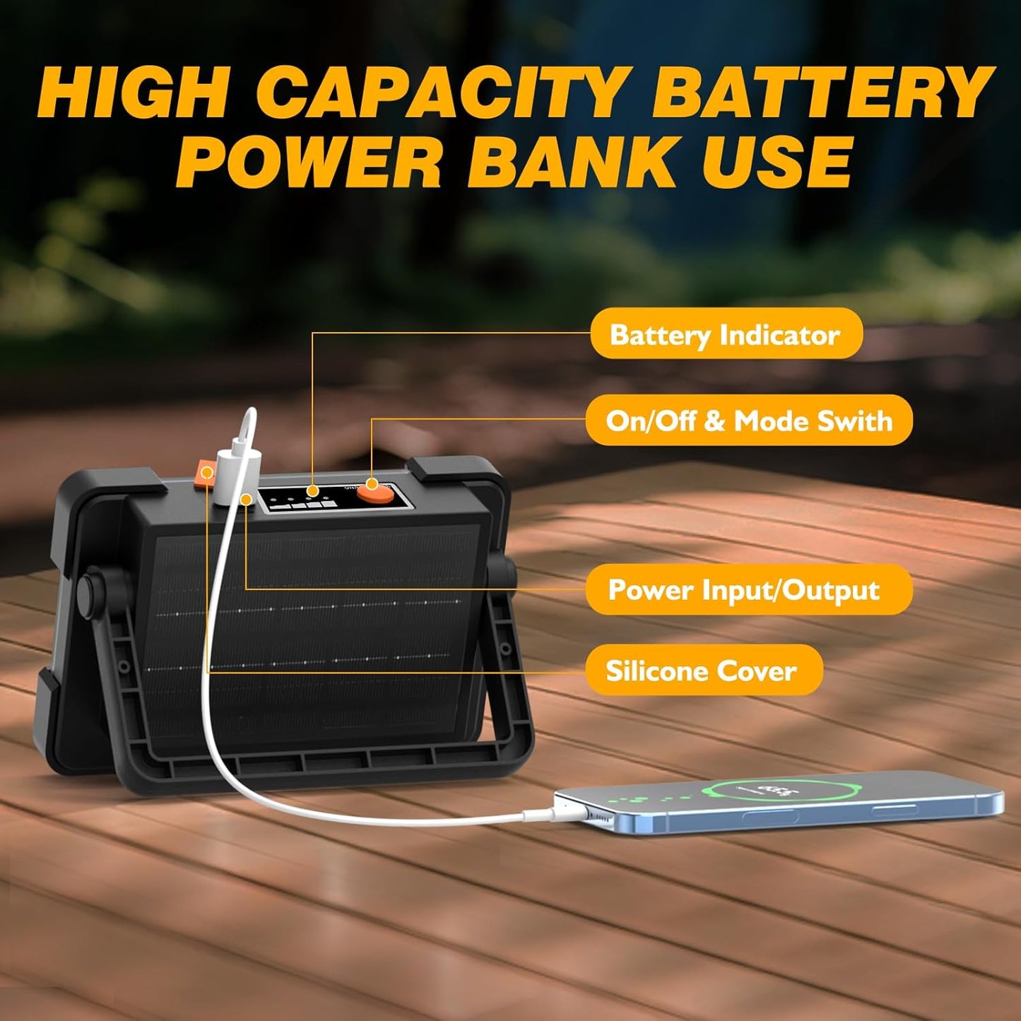 120W Solar Rechargeable Work Light, 144 LED 10000LM Led Work Light with 4 Modes, Portable Flood Light with Stand, IP66 Waterproof Outdoor Working Light for Emergency Mechanic Camping Repair (Black)