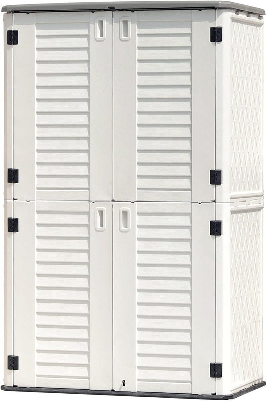 KINYING Outdoor Storage Shed Waterproof, Resin Vertical Storage Cabinet Double-Layered, Versatile to Store Patio Furniture, Garden Tools, Pool Accessories,Mower (66 Cu.ft,White)
