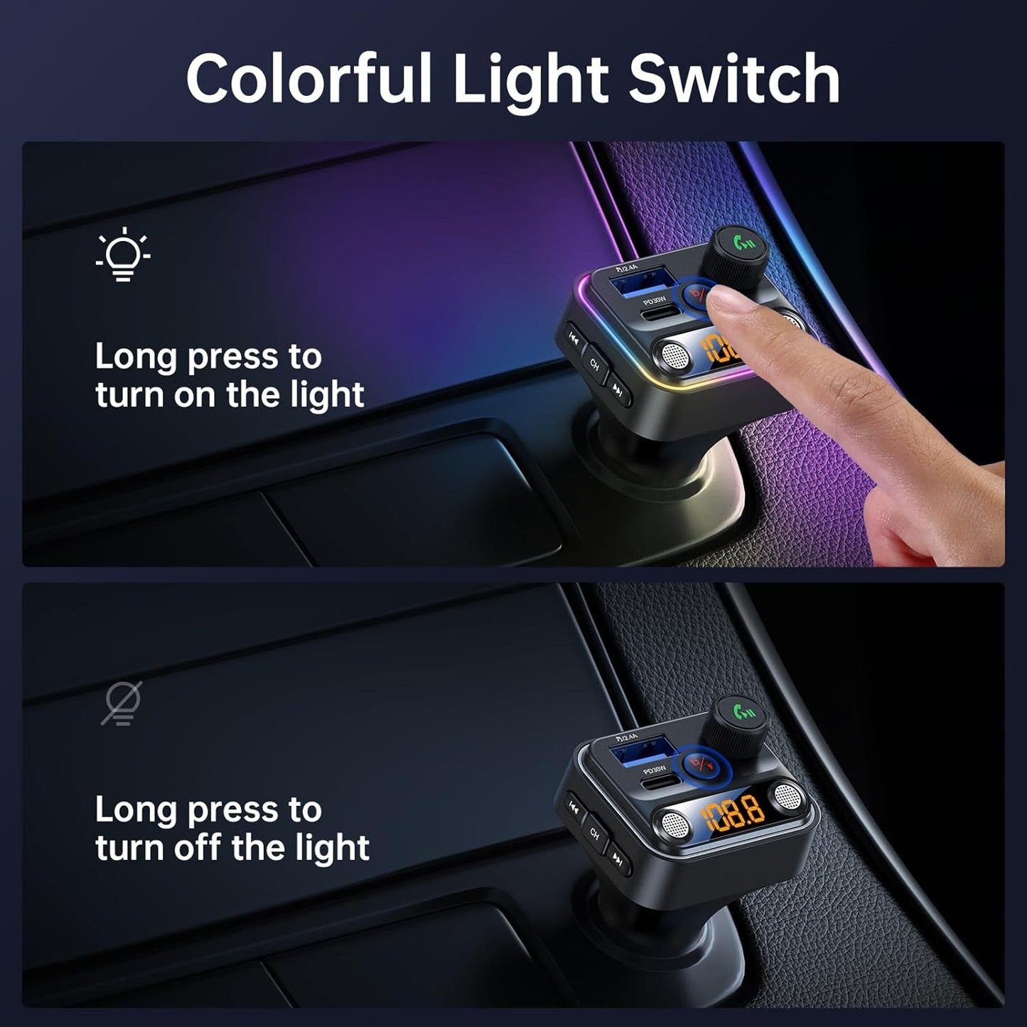 Syncwire Bluetooth 5.4 FM Transmitter Car Adapter 42W [Light Switch] [Stronger Dual-mic] [HiFi Bass Sound] [Fast Charging] Wireless FM Radio Stereo Music Adapter Hands-Free Calling Support USB Drive