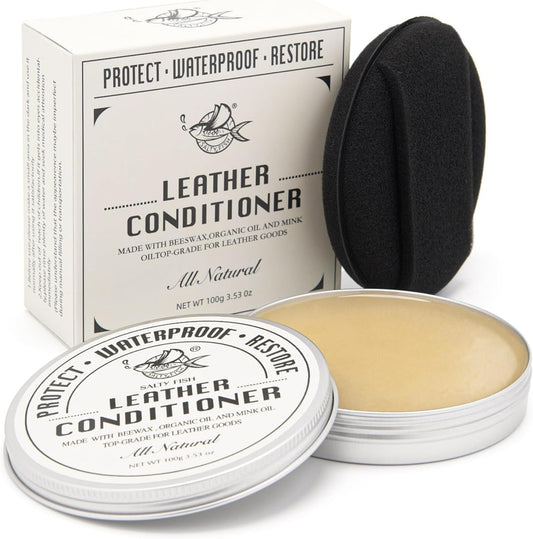 SALTY FISH All-Natural Leather Conditioner and Cleaner,Made with Mink Oil Beeswax,Protect Soften Waterproof Leather Furniture,Car Seats,Shoes,Boots,Bags (3.53 Oz with Sponge)