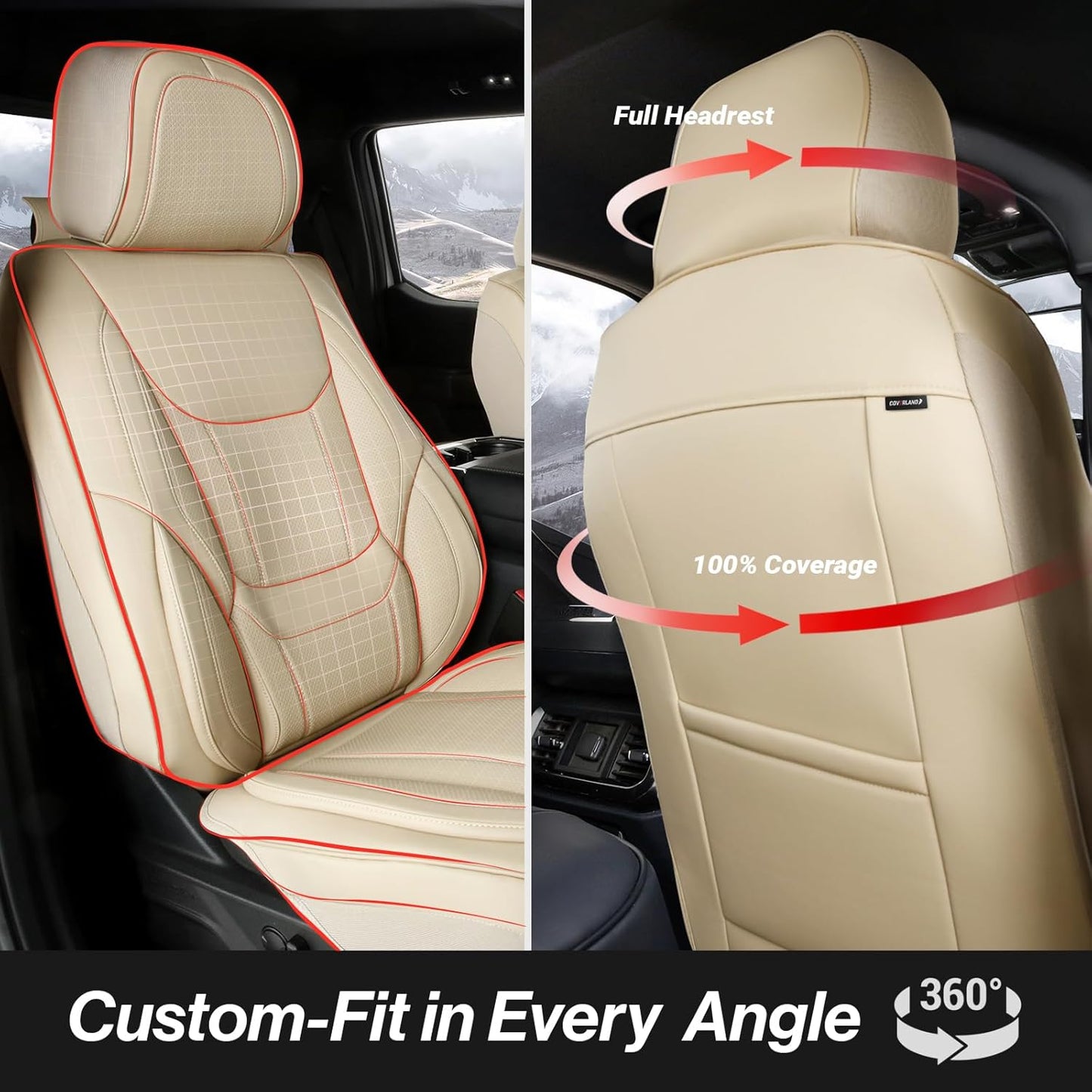 Coverland Custom Car Seat Covers Compatible with 2004-2015 Titan King Cab, Crew Cab - Premium Leather Non-Slip Memory Foam Waterproof Interior Protector Full Set-Beige [See Size Chart-Size X146]