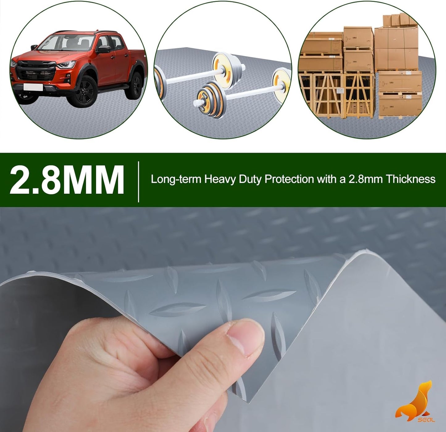 SEAL 4 x 10 Ft Premium Garage Floor Mat, Solid 2.8mm Thick Gray Commercial Grade Heavy Duty Parking Mat for Garage Floor, Golf Cart Parking, Water/Stain Resistant Floor Runner (Embossed Diamond Plate)