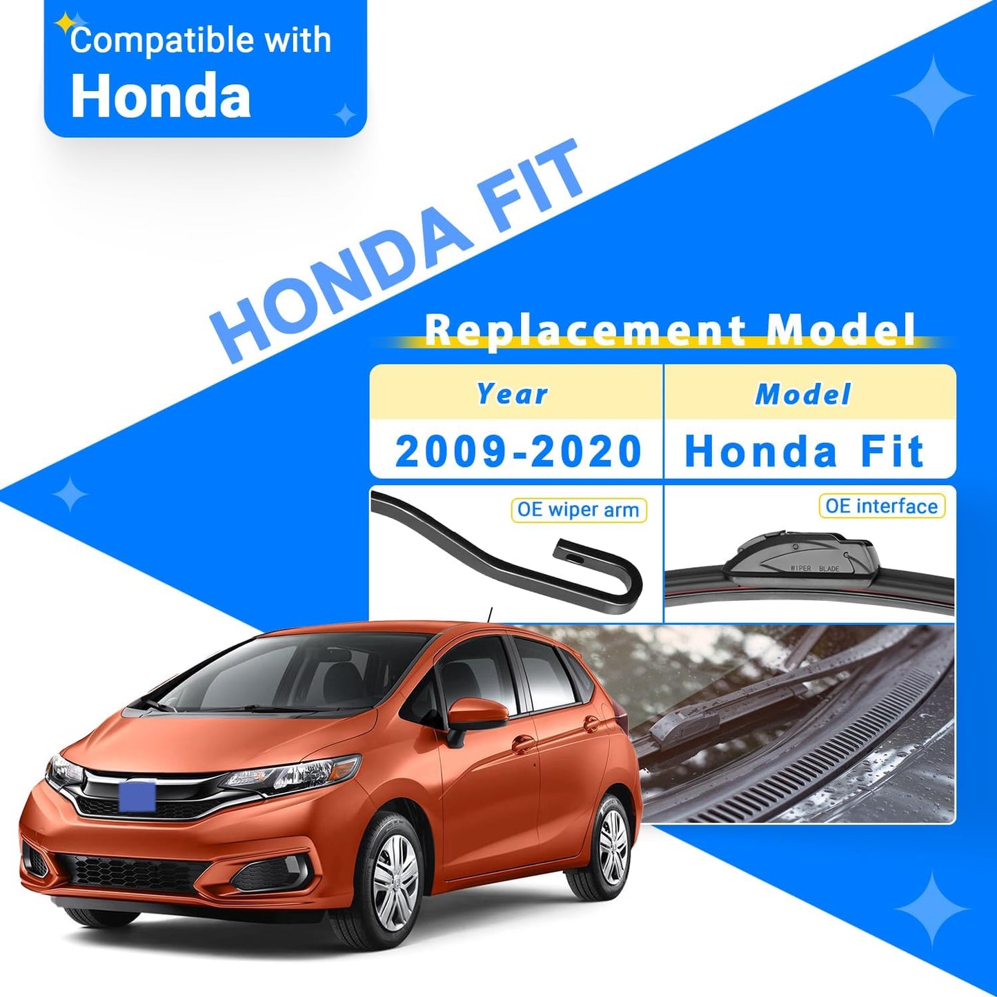 Windshield Wiper Blades Replacement for 2009-2020 Honda Fit Original Factory Quality Front Rear Wipers Blade Set for My Car - 28" 14" 14" (Pack of 3)