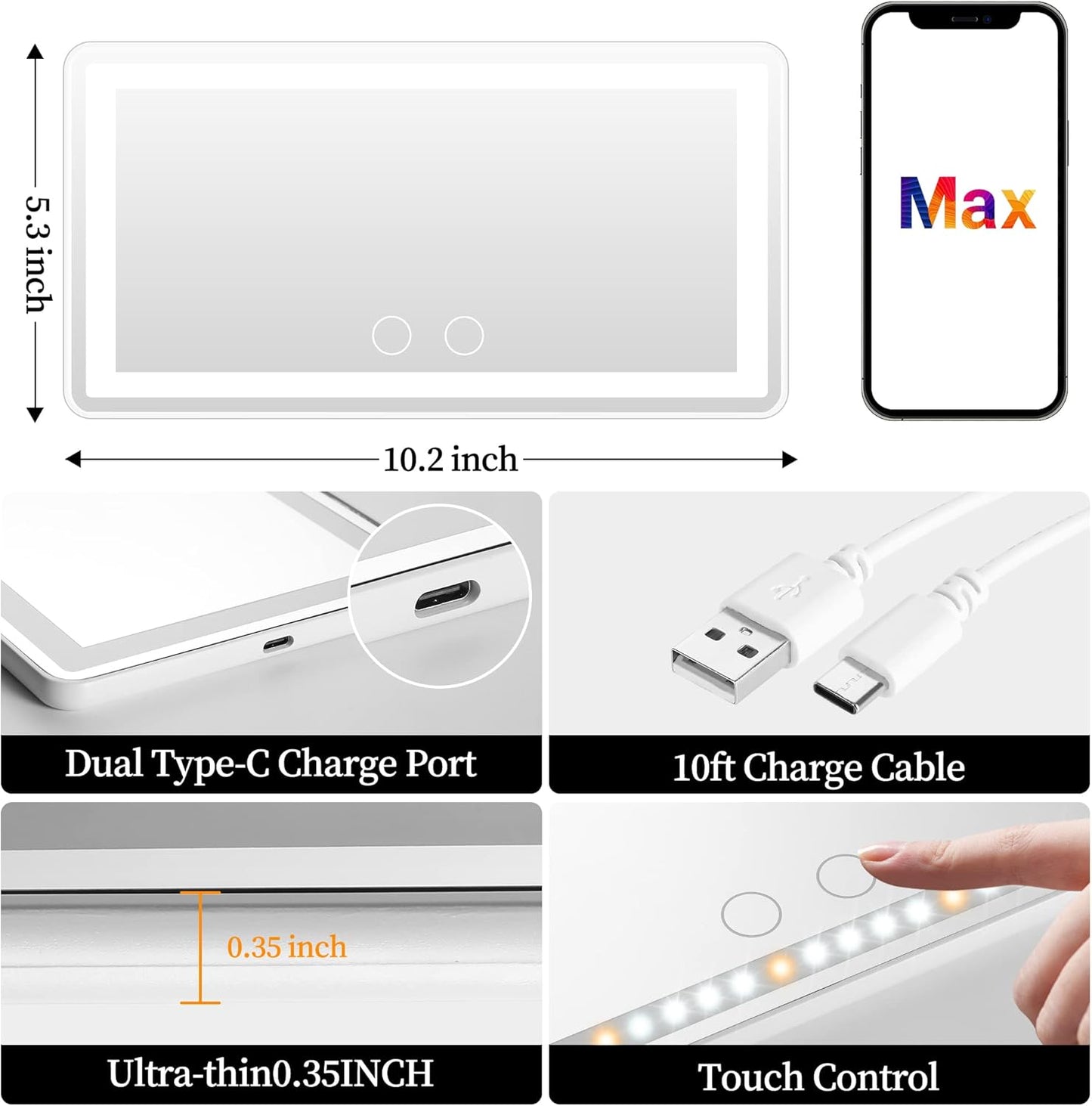 Car Sun Visor Vanity Mirror with Lights, 2 Pcs Rechargeable Car Makeup Mirror Accessories, Birthday Gifts for Women Girl, 3 Light Modes, Dimmable Touch Led Screen, Universal for Car Truck