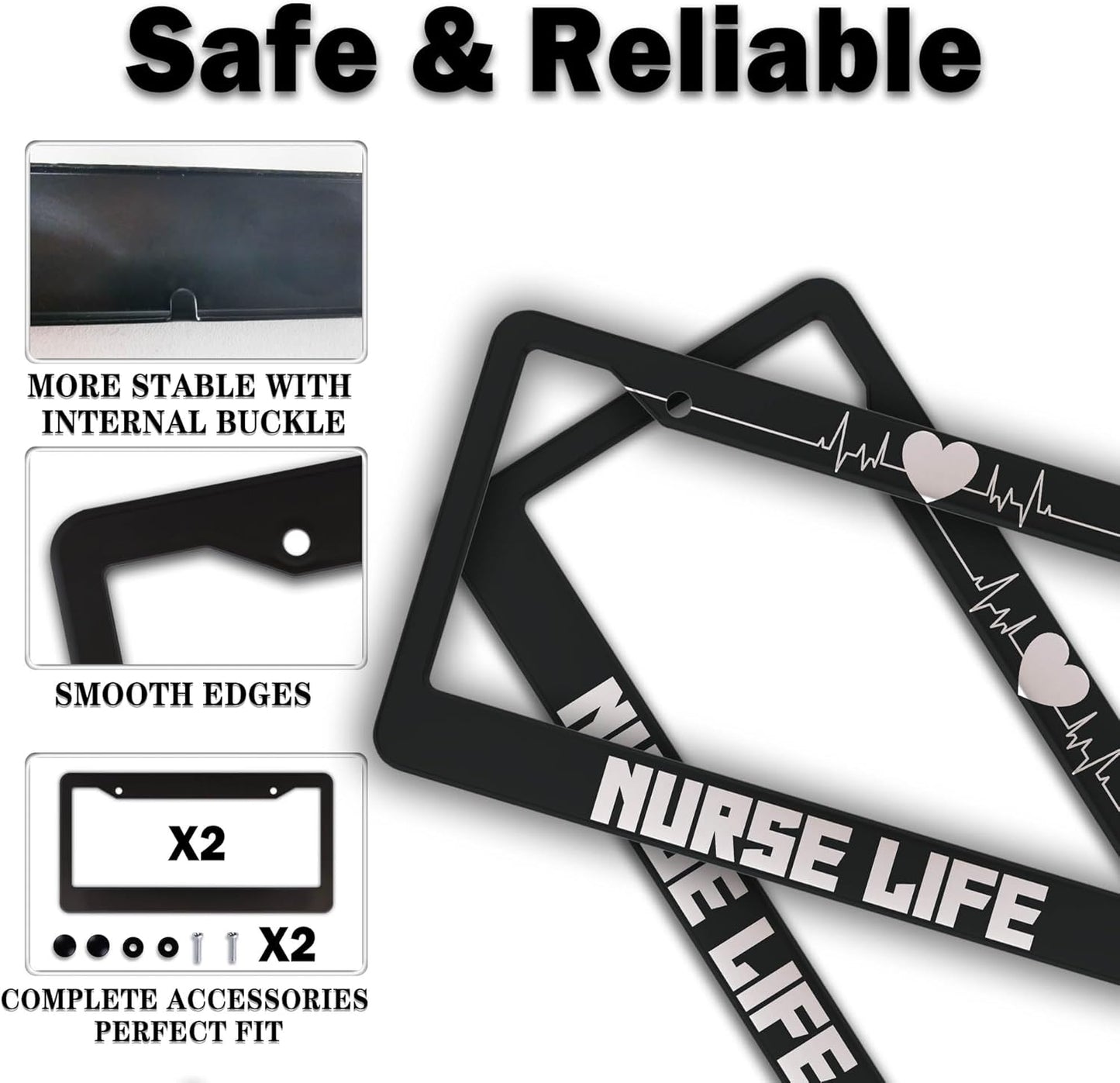License Plate Protector Black and White License Plate Frames Nurse Life Universal Aluminum Car Accessory 2 Pack with Screw Covers Set