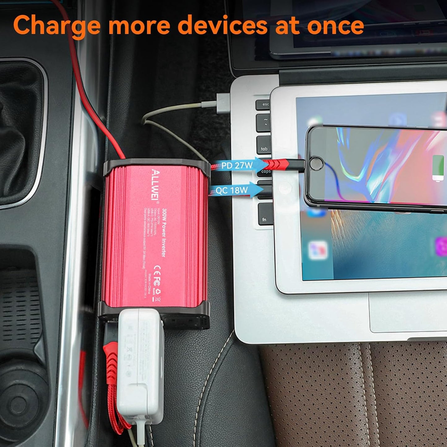 300W Car Power Inverter 12v to 110v, Car Plug in Adapter Outlet with PD 27w USB-C and Fast Charger 18w USB-A, Car Outlet Adapter, Car Converter to Outlet Plug, Power Inverters for Vehicles (Red)