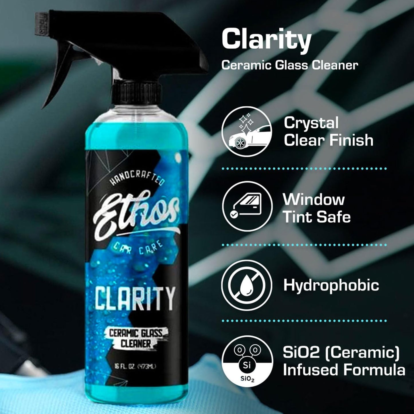 Ethos Clarity V2 - Ceramic Glass Cleaner and Water Repellent - Streak-Free Window Cleaner with Hydrophobic Protection for Car Windows and Mirrors