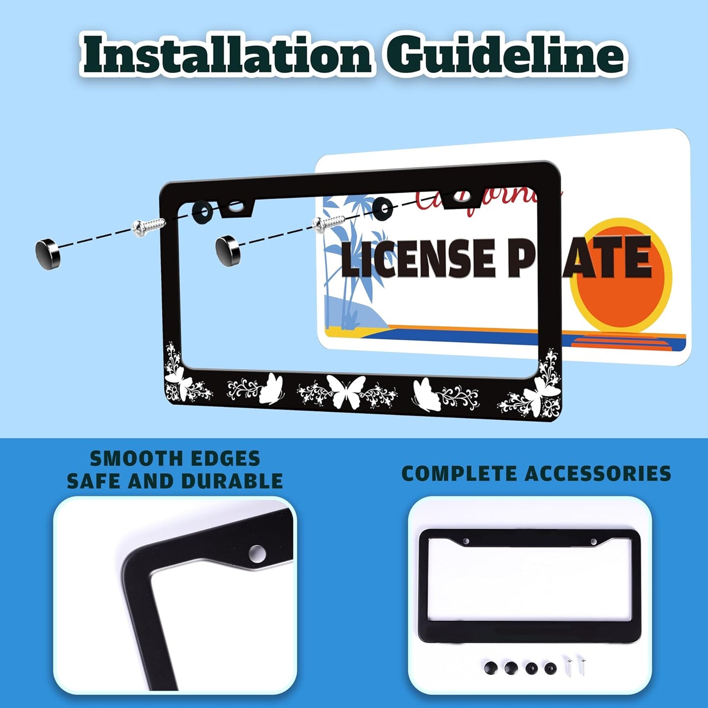 Black White Butterfly License Plate Frame Funny Butterflies License Plate Holder for Front or Rear Car Tags Reusable Durable Stainless Steel Car Decoration with Screws 6.3 X 12.2 Inch for Men Women