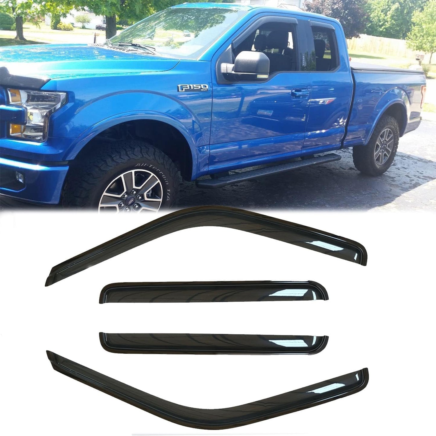 4pcs Original Shatterproof Outside Mount Style Side Window Visor Deflector Rain Guard Vent Window Visors for 97-03 F-150 97-99 F-250 Light Duty Super/Extended Cab with 2 Half Rear 94808