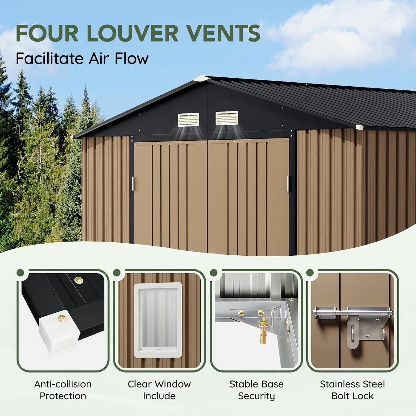 10x10 FT Outdoor Metal Storage Shed with Floor Frame, Double Swing Doors, 2 Clear Windows,Tool Shed for Garden, Patio, Backyard Brown