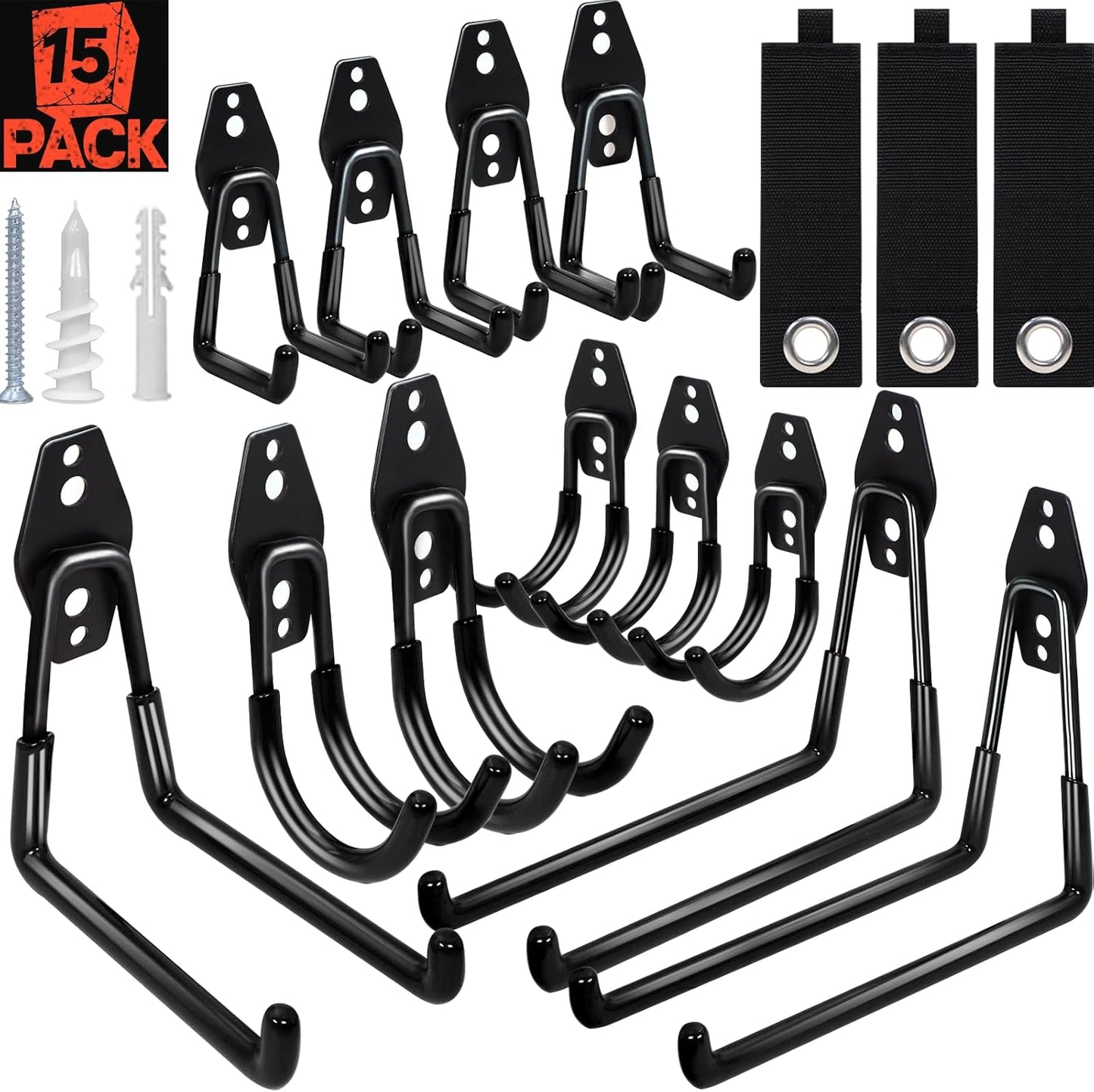 15 Pack Garage Hooks Heavy Duty with Anti-Slip Coating Wall Mount Storage Organizer for Hanging Power and Garden Tools, Ladder, Hose, Bikes, Ropes, Bulk Items Shed Hooks