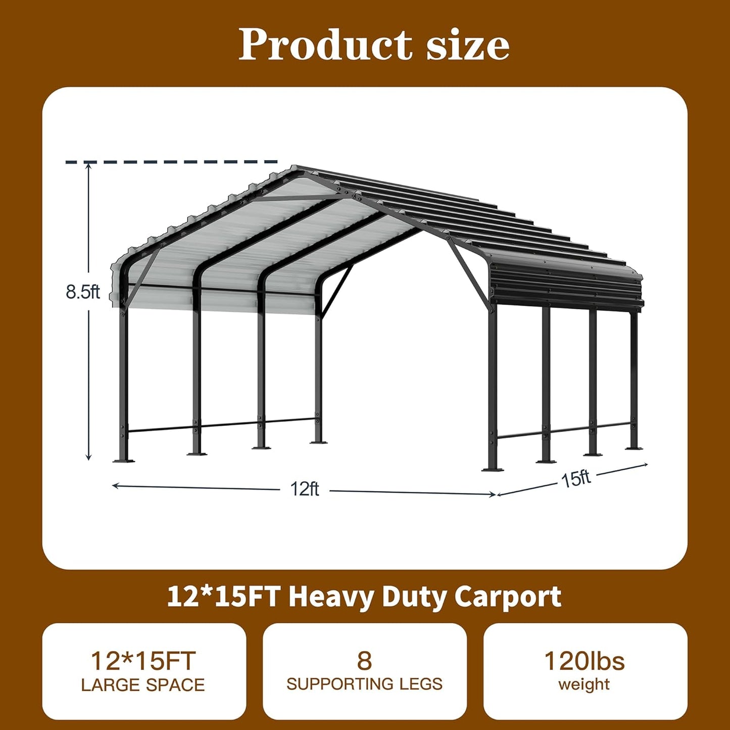 Walsunny Metal Carport 12x15 FT Heavy Duty Carport Canopy with Enhanced Base, Outdoor Car Shelter with Galvanized Steel Roof and Frame Garage for Truck, SUV, Boat, Gray