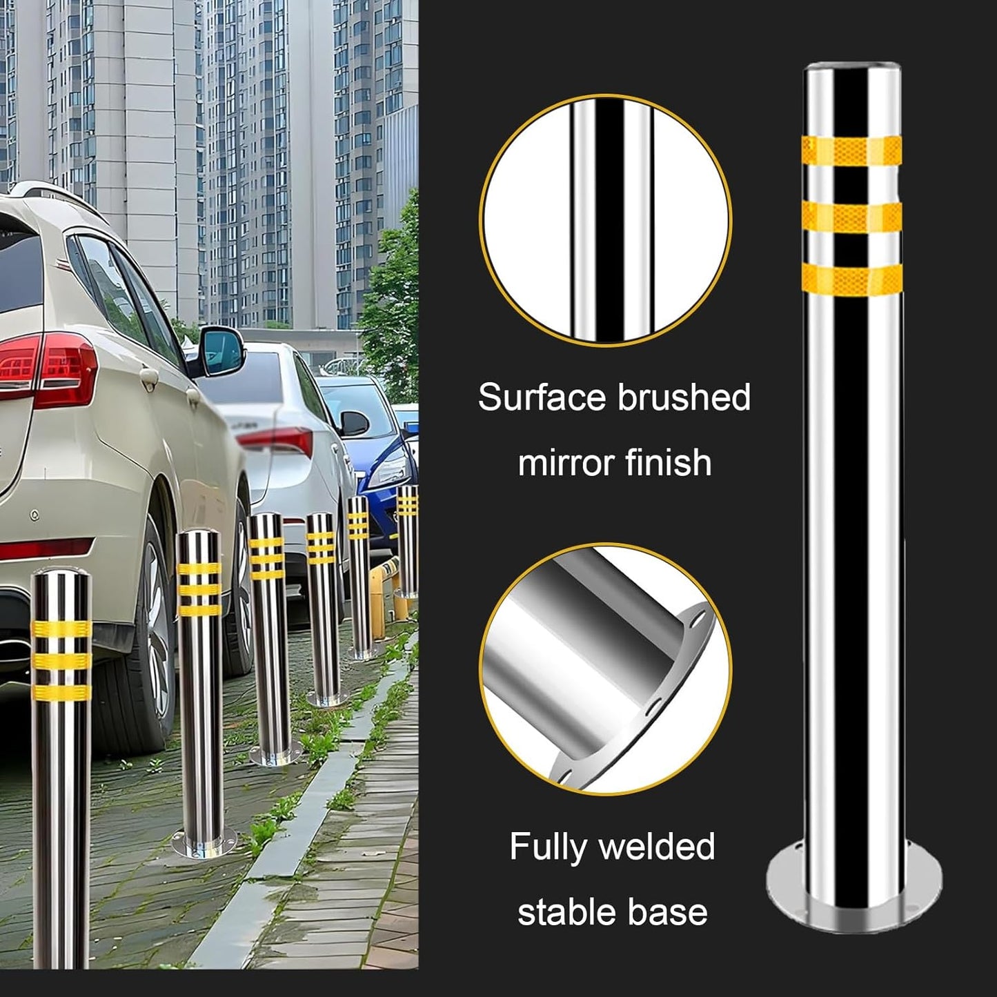 Stainless Steel Parking Bollards for Driveway, Industrial Safety Bollards Reflective Channelizer Post, Parking Barrier, Sturdy and Durable, Easy to Install, for Crowd Control(Silver (1pcs),8.9*100cm/3