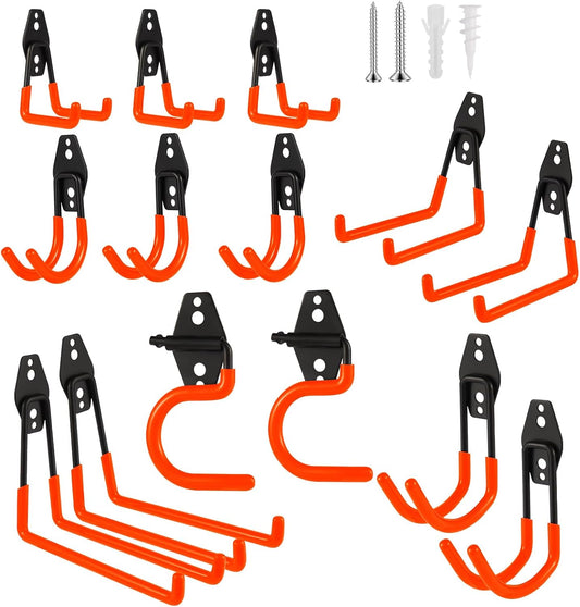 Steel Garage Hooks Wall Tool Organizer, 14 Pack Garage Storage Hook Heavy Duty Utility Storage Hangers Orange for Ladders, Ropes, Garden Tools