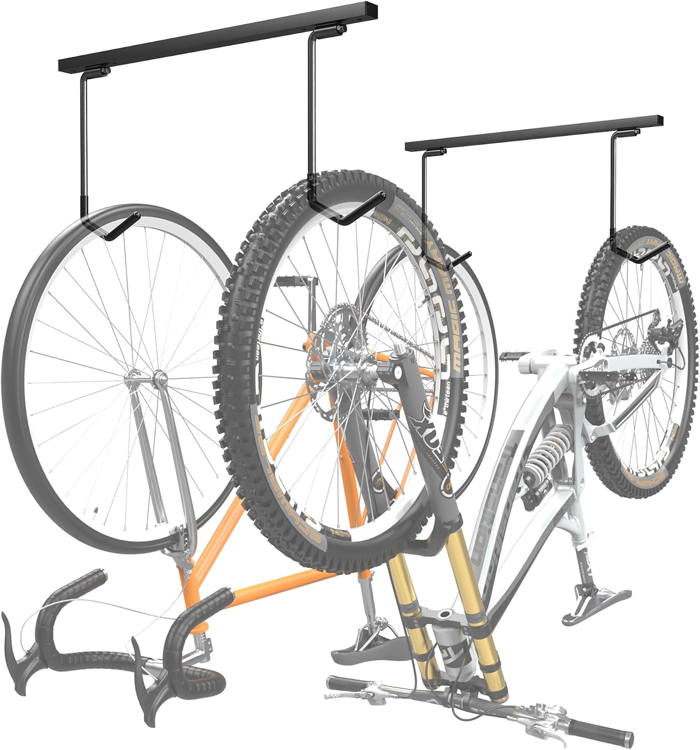 WALMANN Ceiling Mounted Bike Rack for Garage, Space-Saving Ceiling Bike Storage for 2 Bikes(Horizontally)/4 Bikes(Vertically), Adjustable Bike Hooks for Road Mountain Bikes