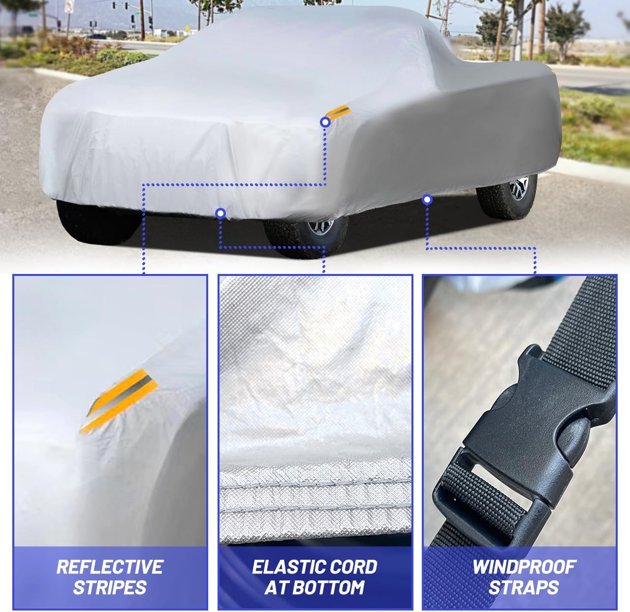 MORNYRAY Waterproof Car Cover All Weather Snowproof UV Protection Windproof Outdoor Full Truck Cover, Universal Fit for (Fit Truck Length 242-250 inch,All Silvery)