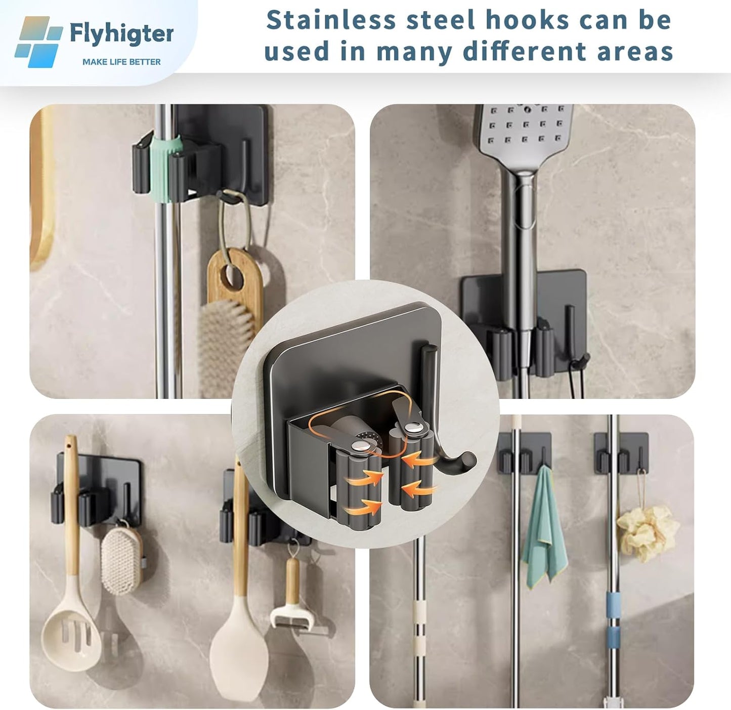 8 Pack Stainless Steel Mop Clips – Heavy Duty Wall Mounted Broom Holders, Rustproof & Tool-Free Install with Back Adhesive or Glue for Home and Garage