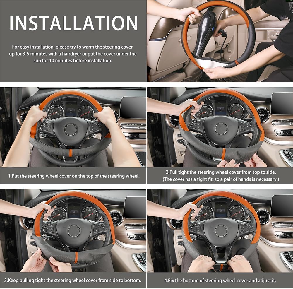 COFIT Breathable Car Steering Wheel Cover 15 inch Auto Universal Leather Wrap Non-Slip Steeringwheel Protector Automotive Interior Accessories, Orange (Suit for 14.5-15 inch)