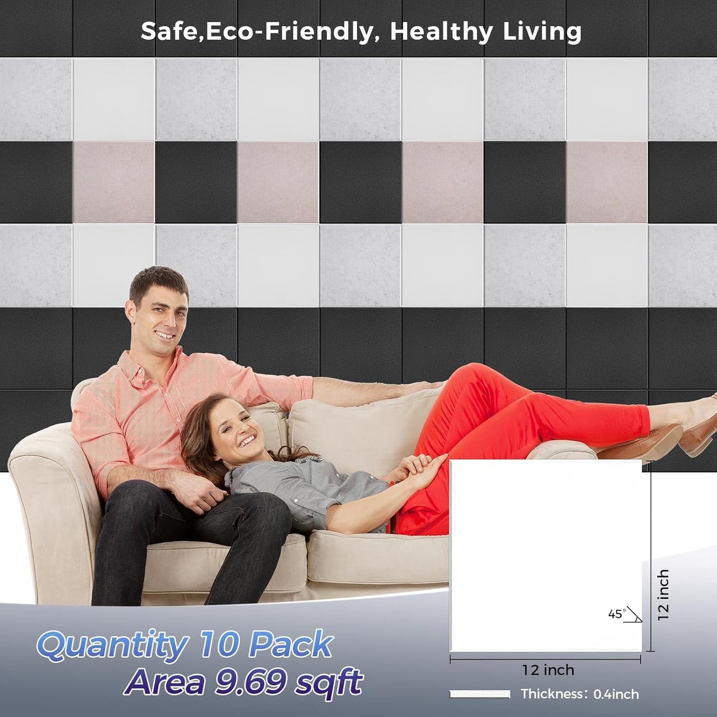 10 pcs 165dtex Microfiber Acoustic Panels ，Self-Adhesive Soundproof Wall Panels, 12 x 12 x 0.4 in Sound Proof Foam Panels for Walls, High Density, Noise Dampening Panels for Home Studio（White）