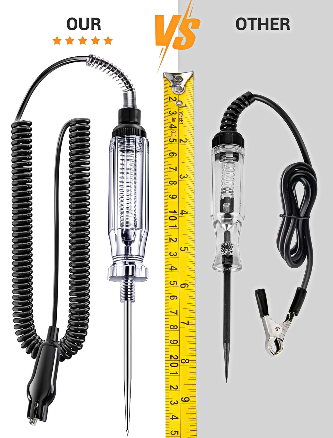 Heavy Duty Automotive Circuit Tester, Premium 6-24V Test Light with 135 Inches Extended Spring Wire & Stainless Probe, Circuit Voltage Tester with Replacement Indicator Light for Car/Vehicles