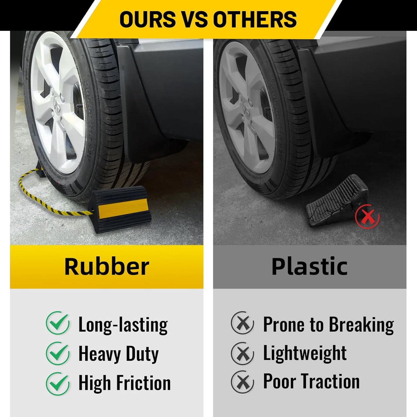 ROBLOCK Wheel Chocks (2pair/4pack with Rope) for RV Trailer Camper Truck Car Aircraft, Versatile Heavy Duty Rubber Wheel Chocks Block with 3 Reflective Strips, Tire Wheel Immobilizers & Chocks