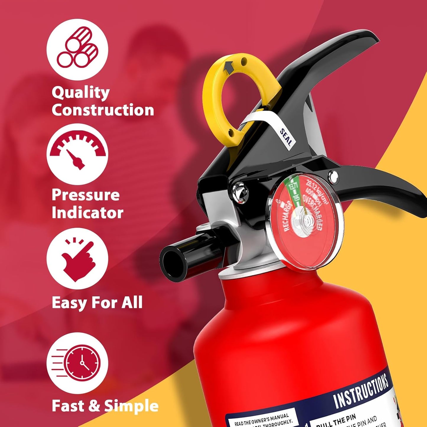 ABC Fire Extinguisher for Home & Vehicle - 2.5 lb 1-A:10-B:C Rated, Dry Chemical Fire Safety with Quick-Release Handle, Certified for Kitchen/Car/Boat Use (Model FF1KG)