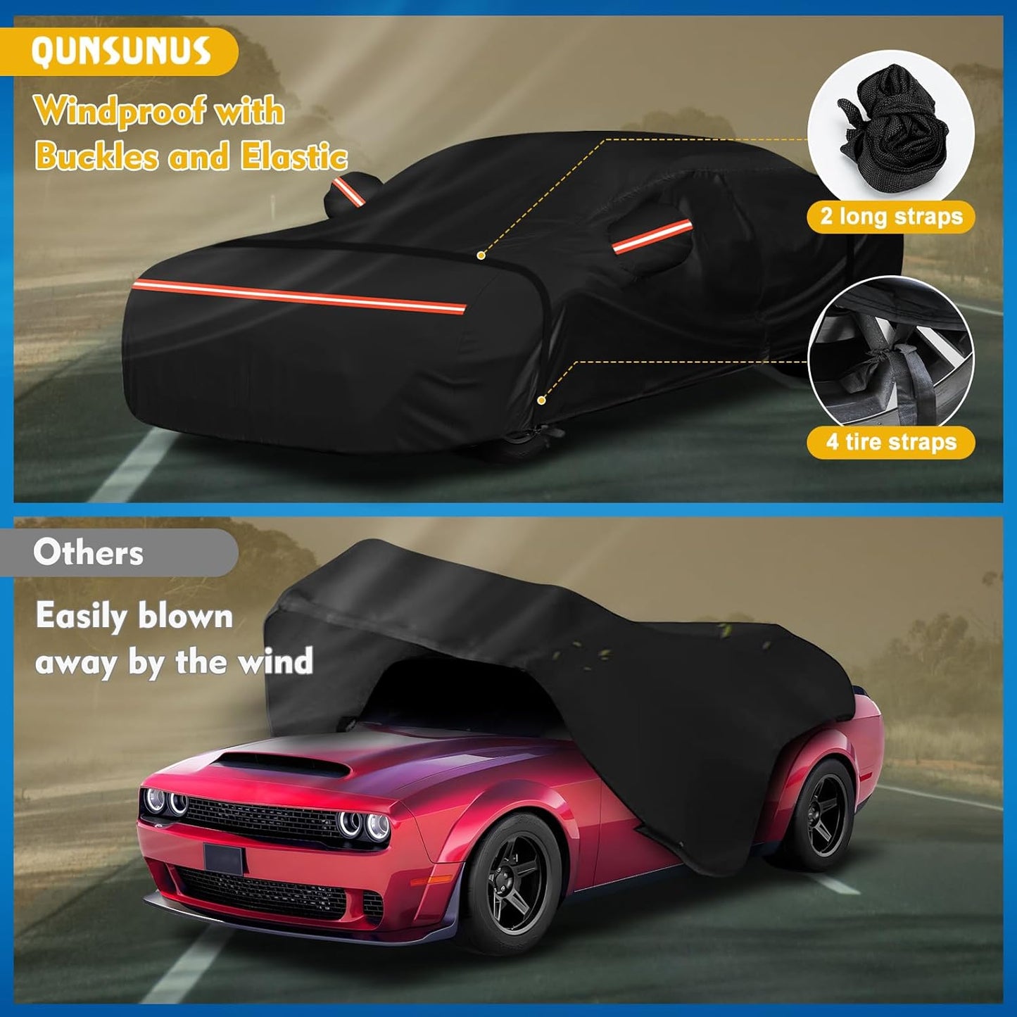 QUNSUNUS 6 Layer Car Cover for Dodge Challenger 2008-2023 Waterproof All Weather Windproof for Dodge Car Cover Hail Protection with Zipper