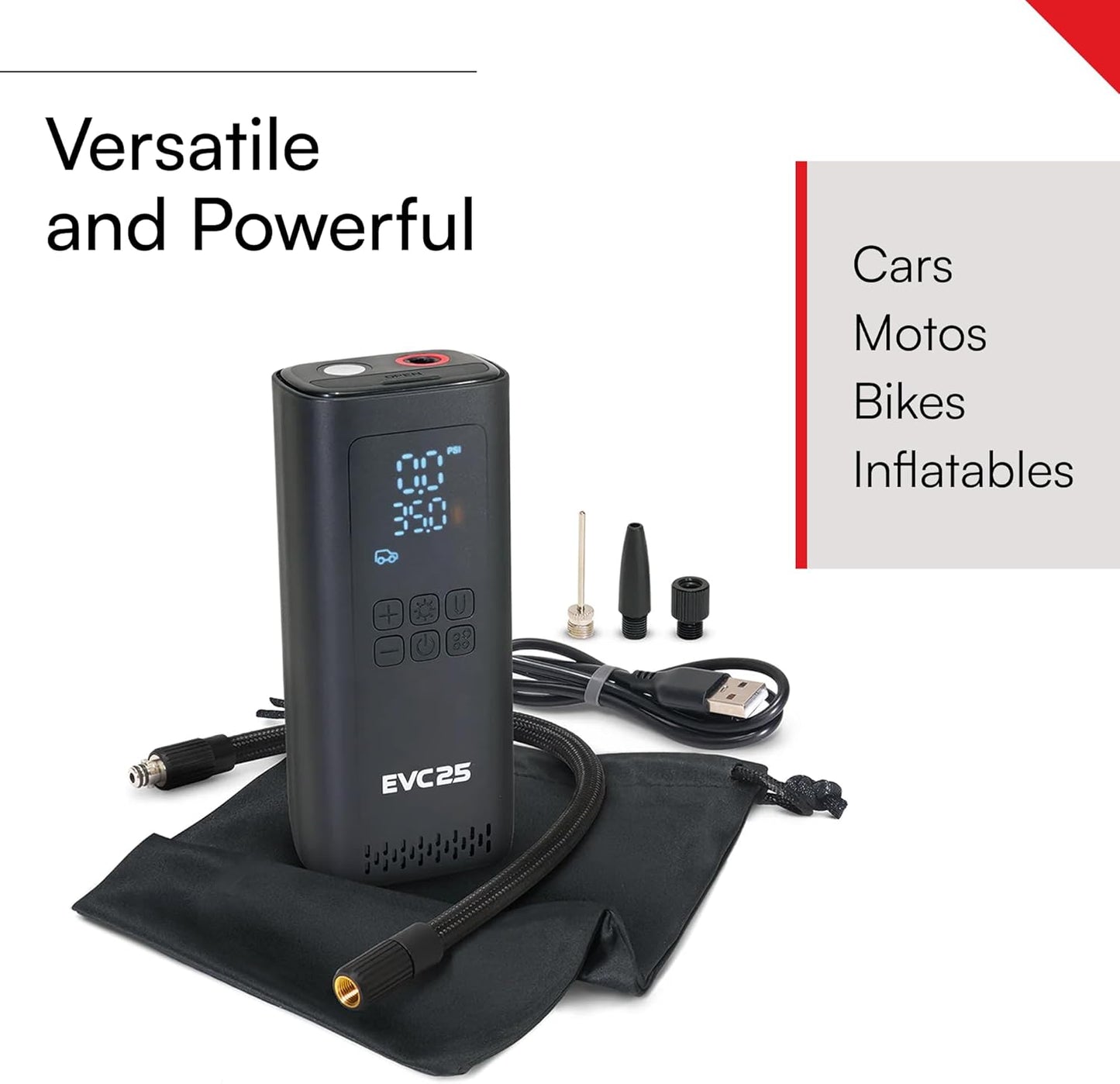 Viair Every Vehicle Carry EVC25 - rechargeable, portable compressor - LED gauge w/preset - Tire Inflator ideal for compact & mid-size cars, LT trucks, E-bikes, motorcycles & Inflatables