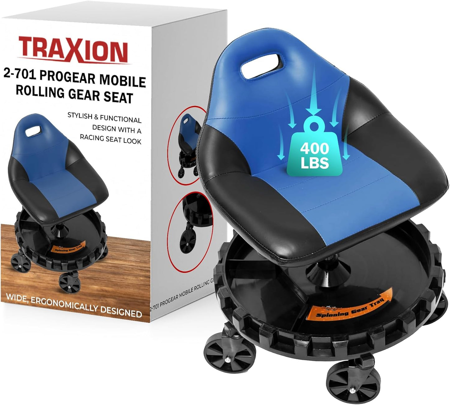 Traxion 400lb Capacity 2-701 Blue Progear Mobile Rolling Gear Seat with Black Carbon Fiber