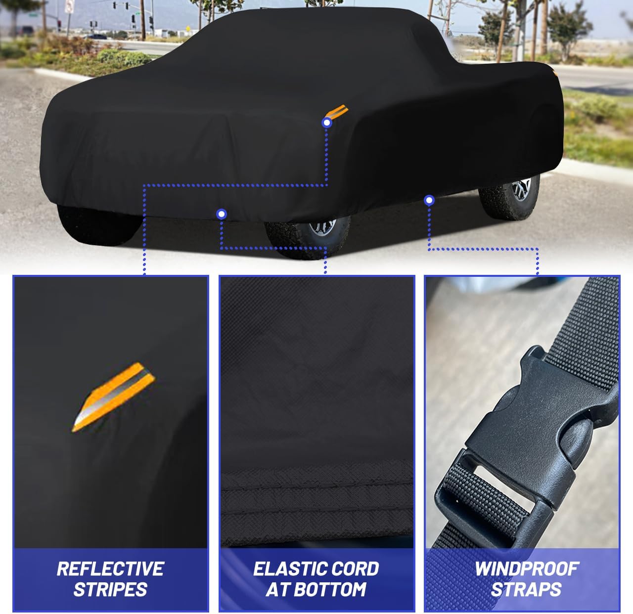 MORNYRAY Waterproof Car Cover All Weather Snowproof UV Protection Windproof Outdoor Full Truck Cover, Universal Fit for (All Black, Fit Truck Length Up to 210 inch)