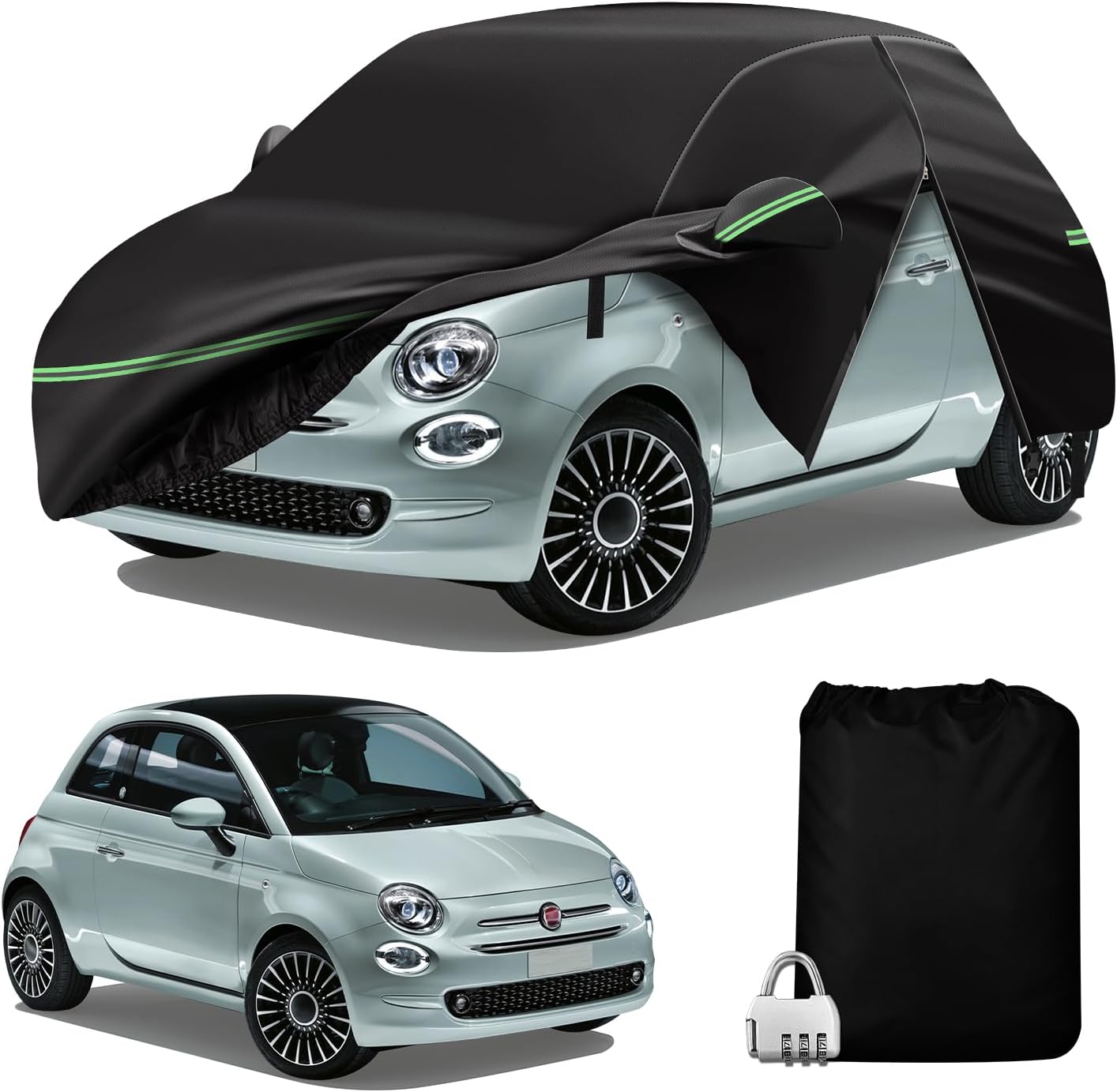 Replace for 2007-2023 Fiat 500/500C Car Cover 210D Outdoor Waterproof UV Snow Rain Protection, with Cotton Layer, Zipper Door, Reflective Strip, Storage Bag, for Abarth Turbo Sport Lounge Pop