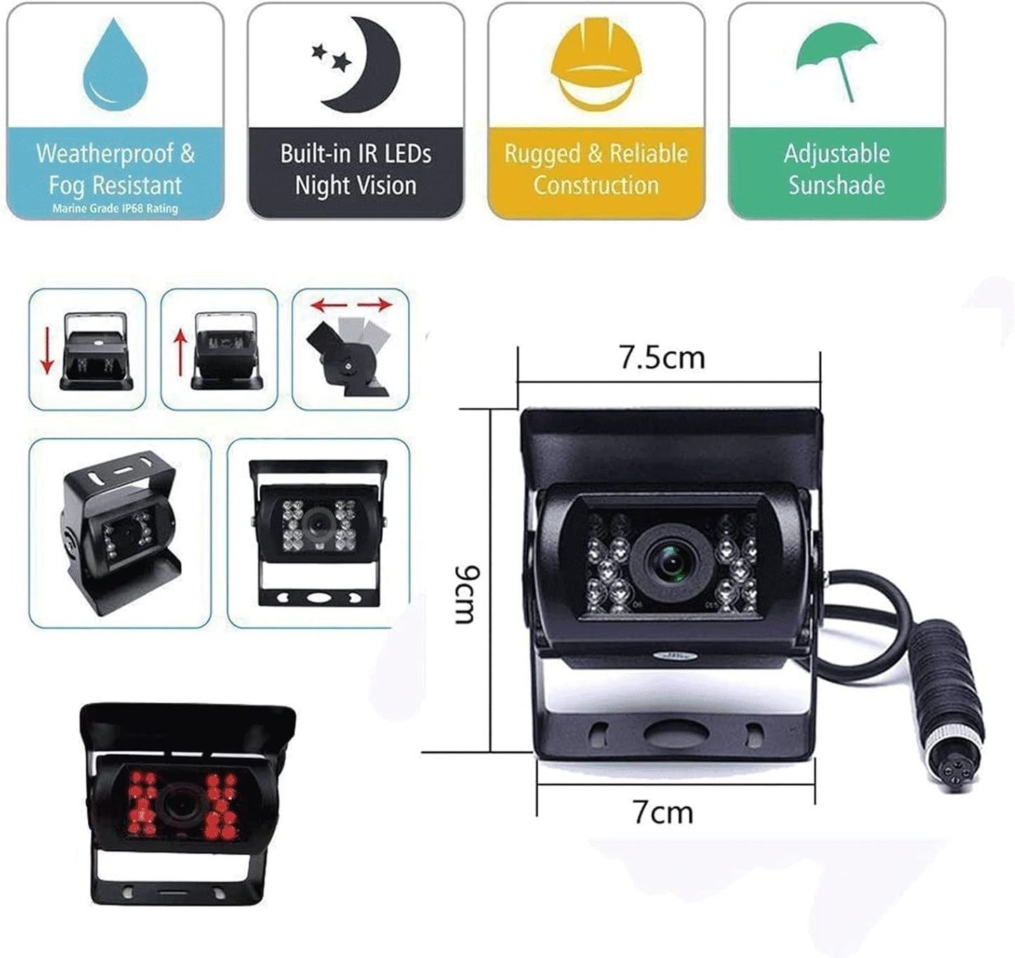 Hikity 7" Backup Camera with Monitor Kit, Waterproof 18 IR LED Night Vision Reverse Camera + Rear View Monitor Vehicle Parking System for RV Bus Trailer Truck (65ft 4-Pin Aviation Video Cable)
