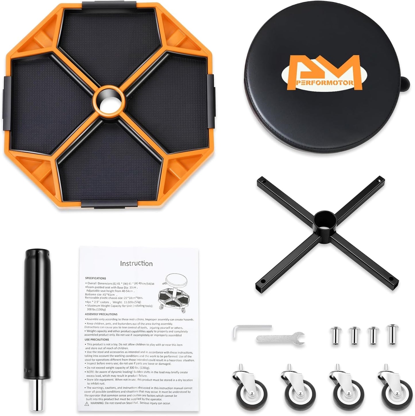 PM PERFORMOTOR Adjustable Height Pneumatic Garage Seat Rolling Mechanic Stool with Tool Tray Storage,300lbs Max Weight Capacity, Orange,PM-TOL-ATS-OG