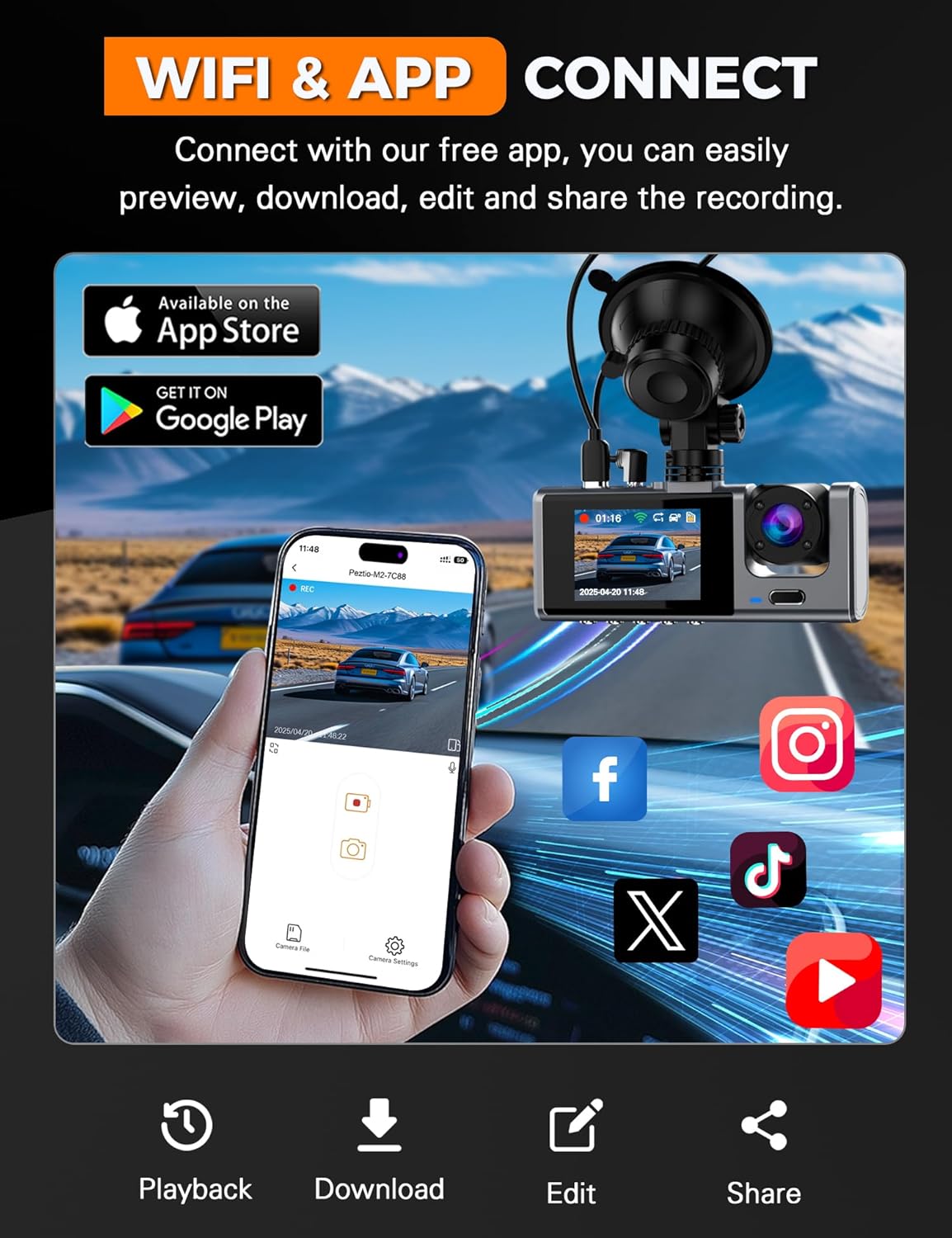 3 Channel WiFi Dash Cam Front and Rear Inside with 64GB SD Card, 2.5K+1080P+1080P Car Dash Camera for Cars Front and Rear, Dashcam with G-Sensor, Loop Recording, 24H Parking Mode, Support 512GB