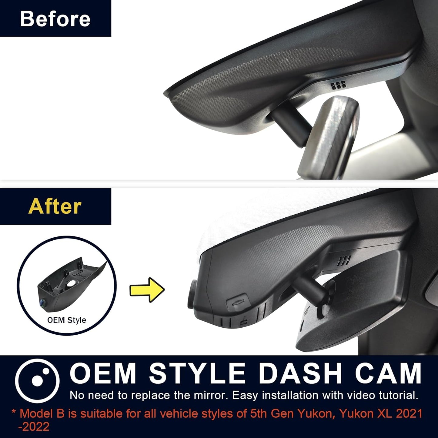 4K Dash Cam Custom fit for GMC Yukon, Yukon XL 2021-2022 (Model B), SLE SLT AT4 Denali, Integrated OEM Look, UHD 2160P Video, WiFi & App, G-Sensor, Loop Recording, Easy to Install, 128GB Card