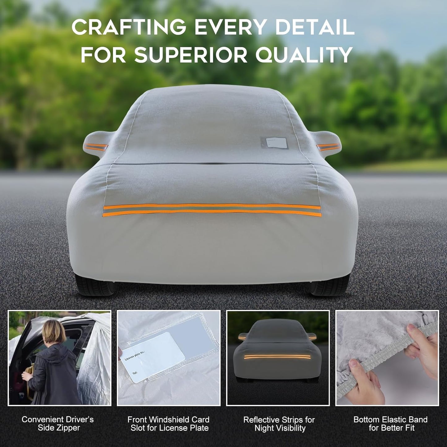 Car Cover Waterproof All Weather,6 Layers with Cotton Lining for Full Protection Against Rain, Snow, UV, and Dust,Easy to Install and Remove,Fit Sedans up to 213 inches,with Zipper Door,Silver