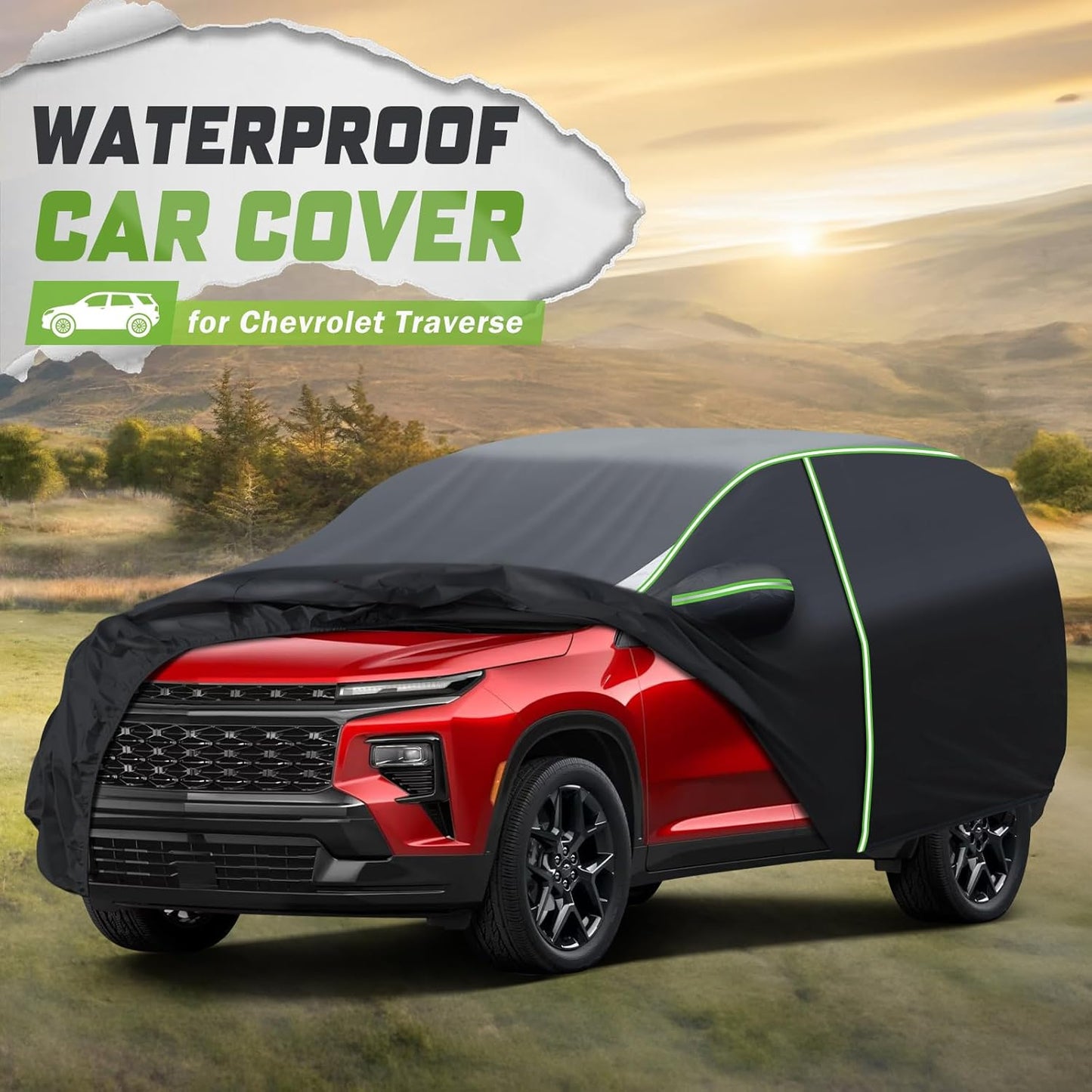 Mixsuper Liner Car Cover for Chevy Traverse 2009-2026, 7 Layers Full Car Cover All Weather Car Covers for Chevy Traverse, Waterproof Outdoor Cover with Zipper Door Reflective Strips